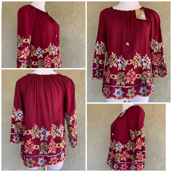 🔥5/$20🔥 “D’Evelyn” Burgundy Embroidered Blouse NWT S/M - Picture 3 of 8